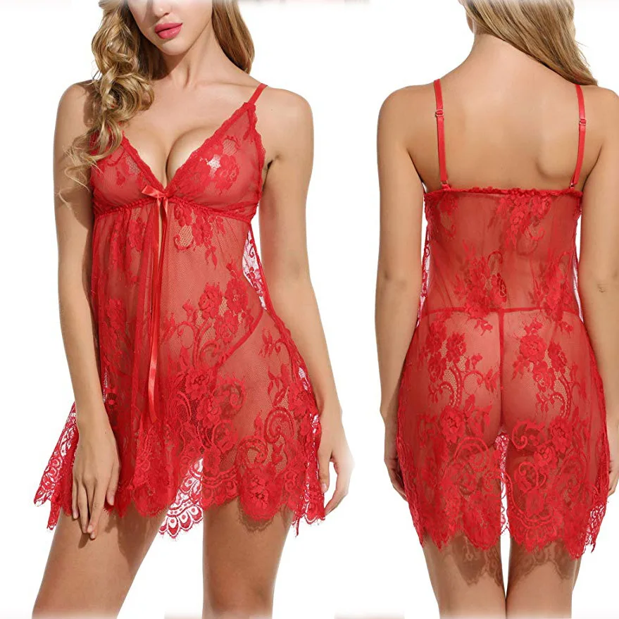 European American New Style Sexy Lingerie Eyelash Strap Women's Nightdress Set Light Breathable