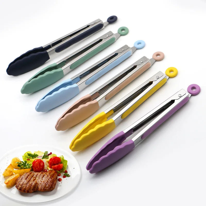 OEM ODM Kitchen Durable Stainless Steel Silicone Tongs Customized Eco-Friendly High Temperature BBQ Steak Food Clip Wholesale factory
