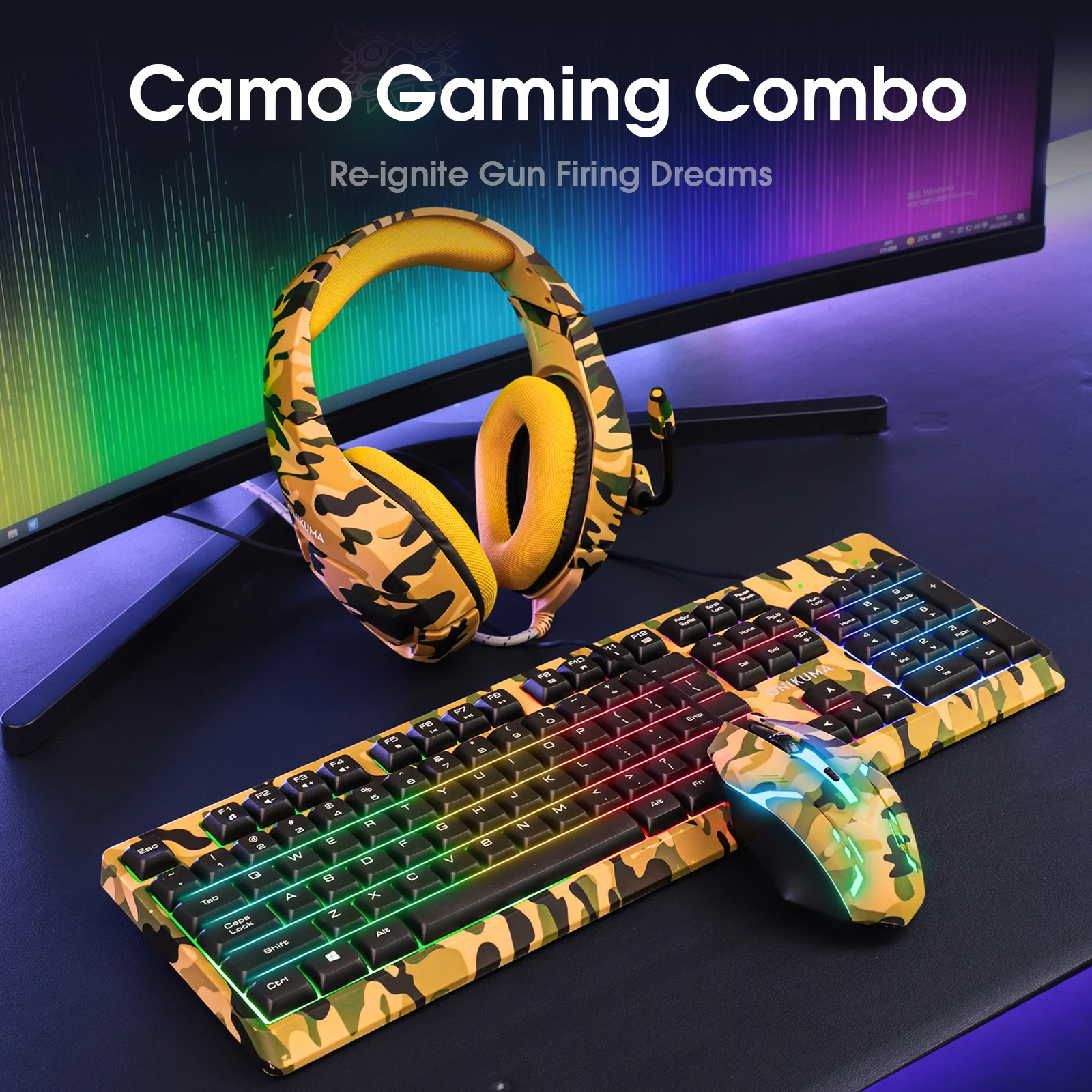 Onikuma Tz3001 Gaming Kit Wired RGB LED Keyboard, Mouse, and Headset Combo
