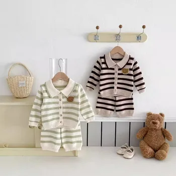 Korean Style 2025  Spring Ins Infant Clothes Casual Two-Piece Set Striped Knitted Sweater Cardigan Top+ Pants Baby Suit