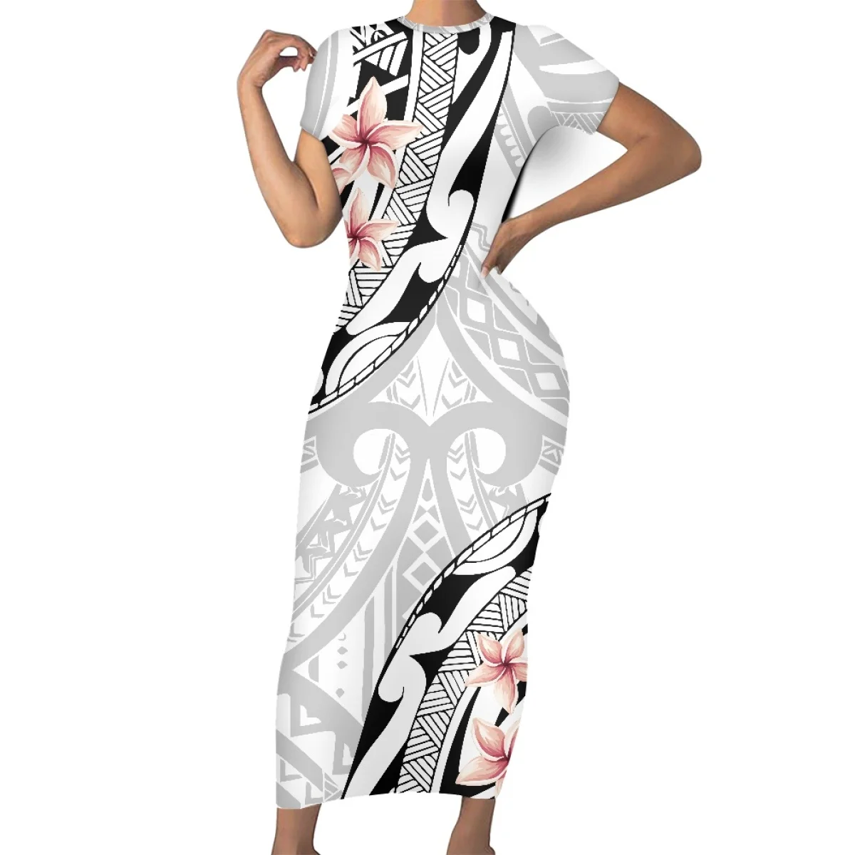 Samoan Tribal Design Women's Plus Size Knee-Length Casual Dresses  Polynesian Print Beading Short Sleeve Floral Summer MOQ1