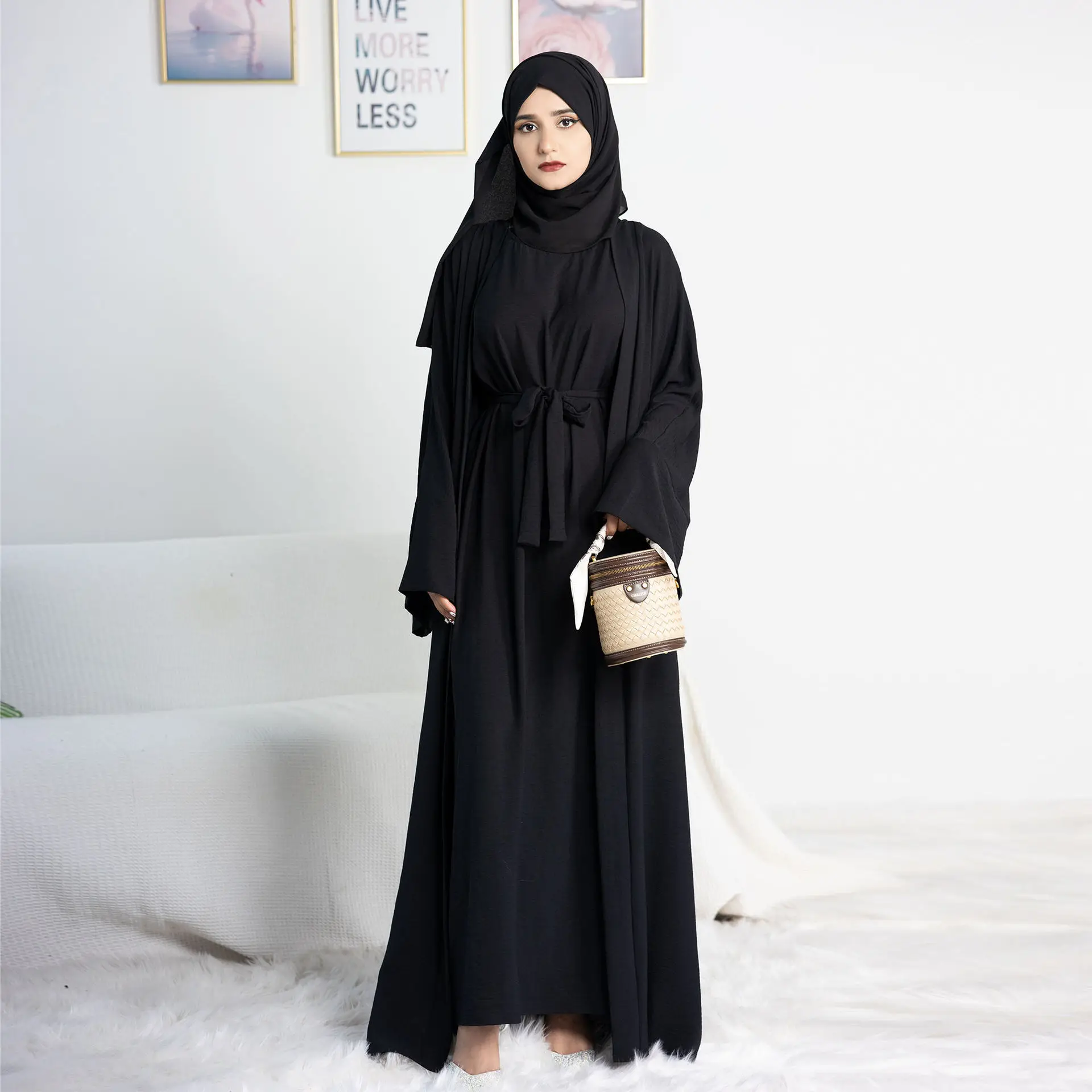 Saudi Arabian XXL Polyester Abaya Dress for Women Breathable Two-Piece Set  Embossed Printing Adults' Hijab for Eid Autumn Spring