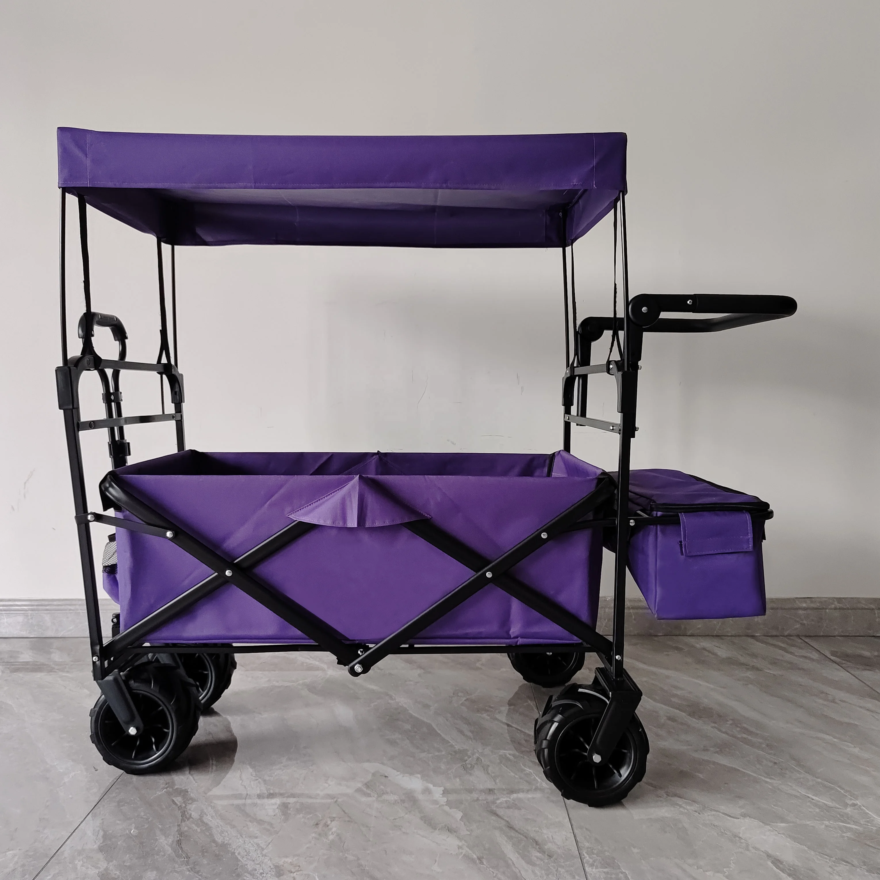 Outdoor Camping Folding Wagon Canopy On Top Adjustable Handle Wide Wheel Purple