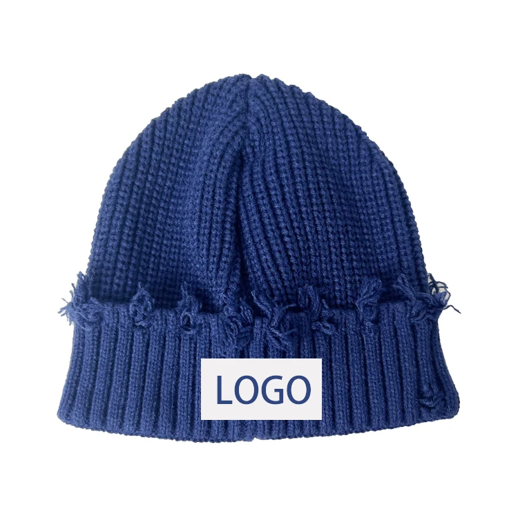 Autumn and Winter Warm Distressed Beanie Fashionable Patch Label Knitted Hat Gorros Custom Beanies With Logo Distressed