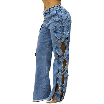 Women's Side Hollow S Line Denim Patchwork Pants Jeans Sehe