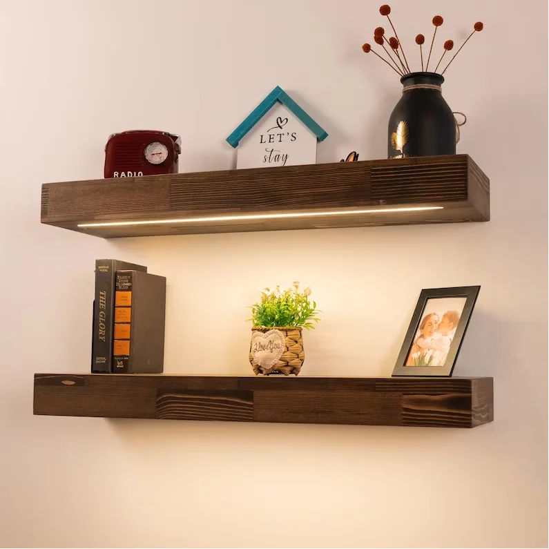 Modern Home Decor Floating Shelf Creative Liquor Shelf Wooden Thick Wall Shelf with LED Light Strip