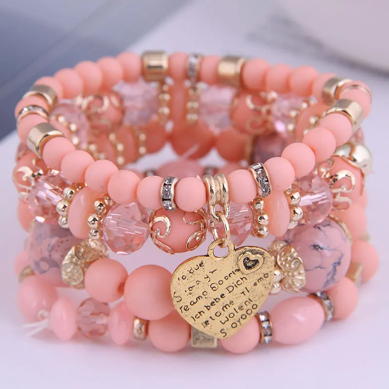 Hot sale Elastic Bohemian beads bracelets Fashion heart pendant charm bracelet set wholesale W140312148