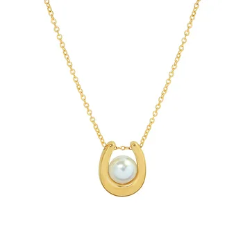 Fashion Simple Jewelry White Pearl U Shape Pendant 18k Gold Stainless Steel Necklace For Women