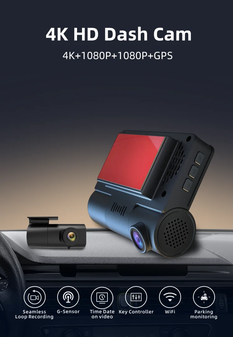 Dash Cam Front and Rear 4k Drive Recorder 3 Channel Dash Cam 4k GPS Black Box F1.8 with 3.16 Inches IPS  LCD for Agent supplier