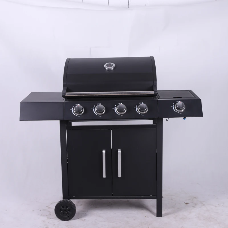 High-durability Type Cast Iron 5-head Bbq Trolley Smoker Lidded Gas Grill for Outdoor Camping supplier