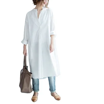 women long sleeve turn down collar white cotton long fashion shirt OEM factory