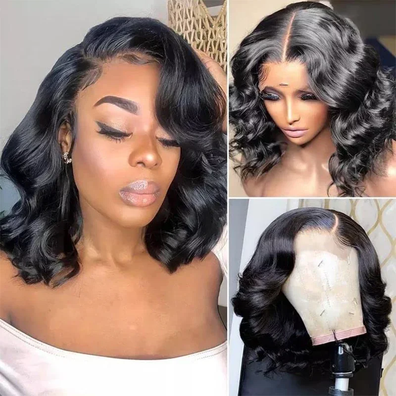 Korte Bob Parykker med Lace Front, Naturlig Kropbølge, 150% Densitet, 100% Ægte Hår, 13x6 til Sorte Kvinder_voghion.com