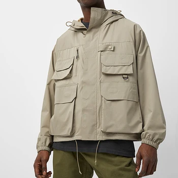 Custom Blank Workwear Lightweight Hooded Coat Fashion 100% Nylon Waterproof Windbreaker Multi-pocket Utility Jacket