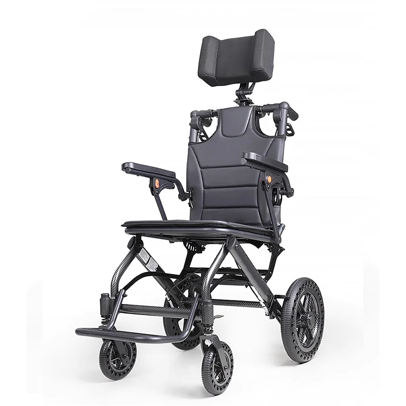 Aluminum 12KG Portable Foldable Reclining Manual Wheelchair With Ergonomic Headrest Anti-Explosion Wheels Carbon Fiber