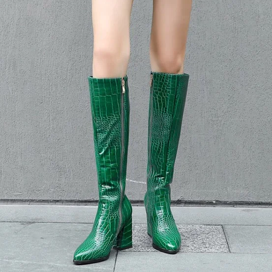 crocodile print knee high boots