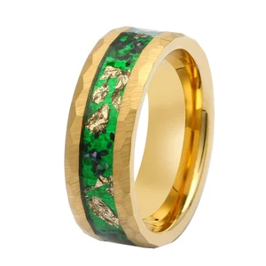 Custom 6mm 8mm Gold Plating Crushed Green Shell and Gold Foil Inlay  Hammered Tungsten Ring Engagement Wedding Band