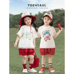 YOEHYAUL X4817 Summer Kids Two Piece Set Cartoon Cute Toddler Short Set Breathable Casual Children's T-shirt Set