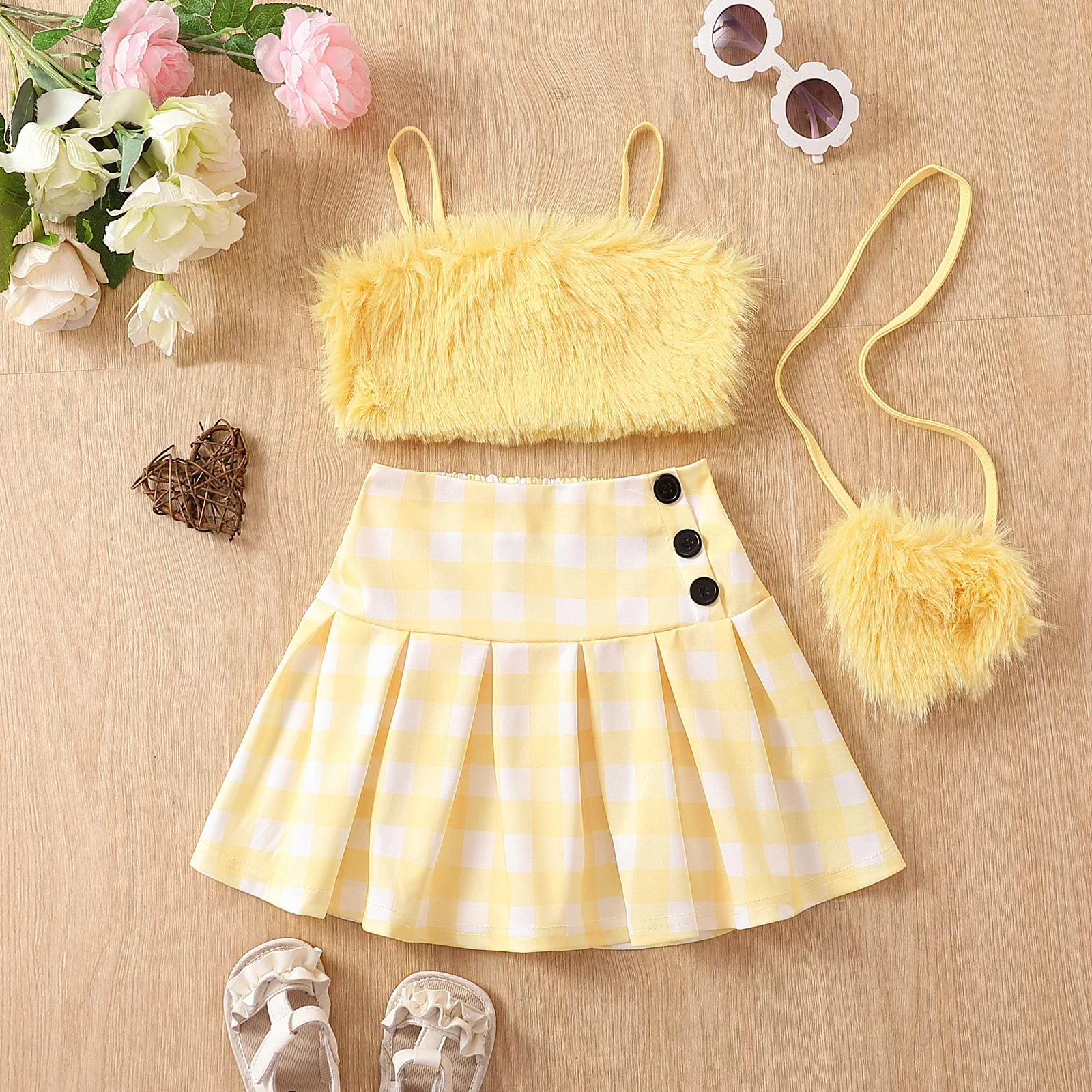 Kids Clothing Wholesale Fur Suspender Plaid Pleated Skirt With Bag Clothes  for Girls Summer Popular Children's Clothing 90-130cm