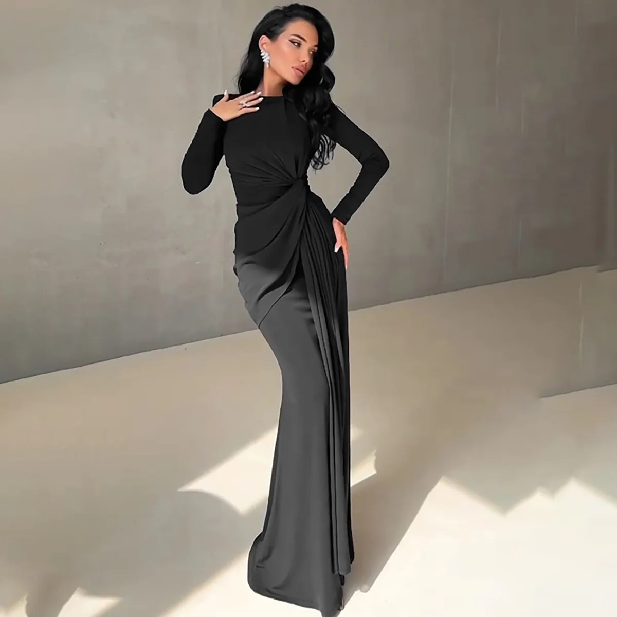 sachin and babi light blue dress Fashionable Women's Long Sleeve Evening Dress – Slim Fit Round Neck,  Breathable, Floor-Length Style for All Seasons