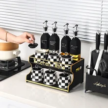 INS Style Chessboard Grid Seasoning Jar Suit Household Kitchen Oil Salt Bottle Restaurant Sealed with Spoon Ceramic