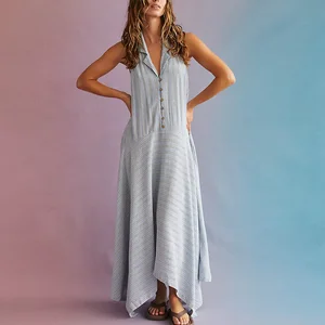 Factory Summer Sleeveless Button up v Neck Dresses Custom Loose Fit Women Backless Asymmetrical Hem Striped Long Maxi Dress