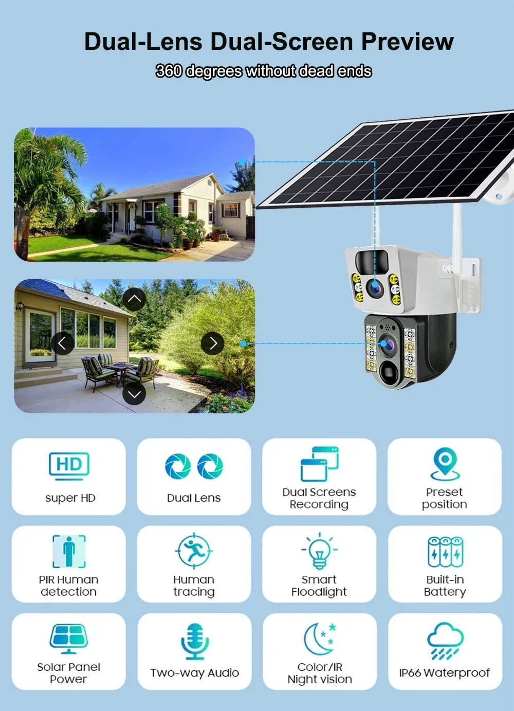 Wifi Solar PIR Ptz Camera with Dual Lens Camera Support Two Way Voice Intercorn