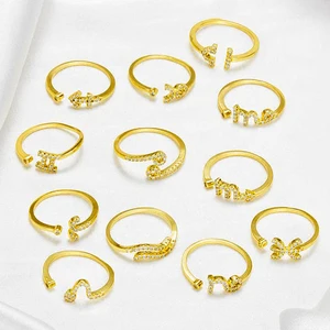 2022 14 18k Zodiac Signs Rings Adjustable Cz Zirconia 925 Sterling Silver Zodiac Sign Ring Gold Plated for Women