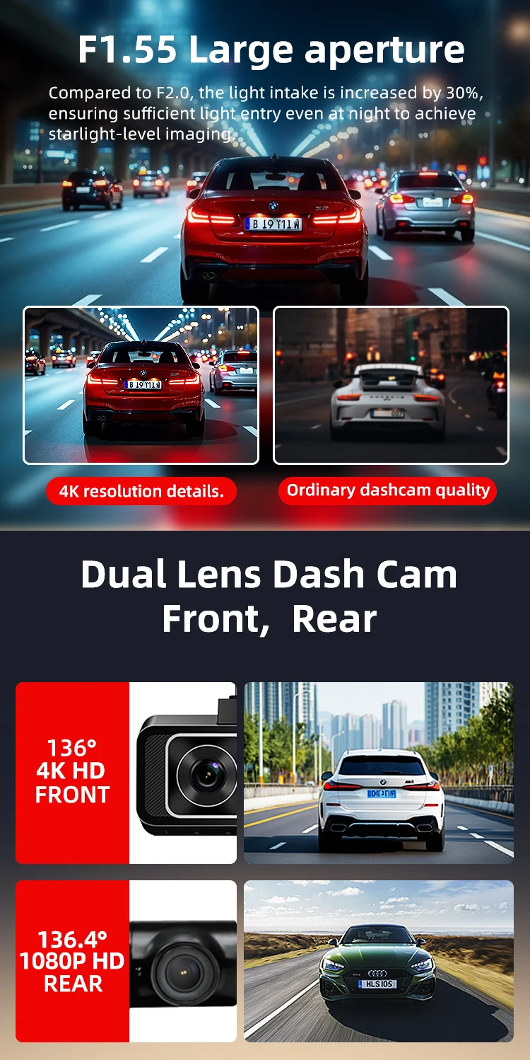 STARVIS 2 Channel 4g Dash Cam F1.5 Dual Lens GPS Dash Cam 3 Inches IPS LCD 4k+1080P with G-Sensor Port for Agent factory