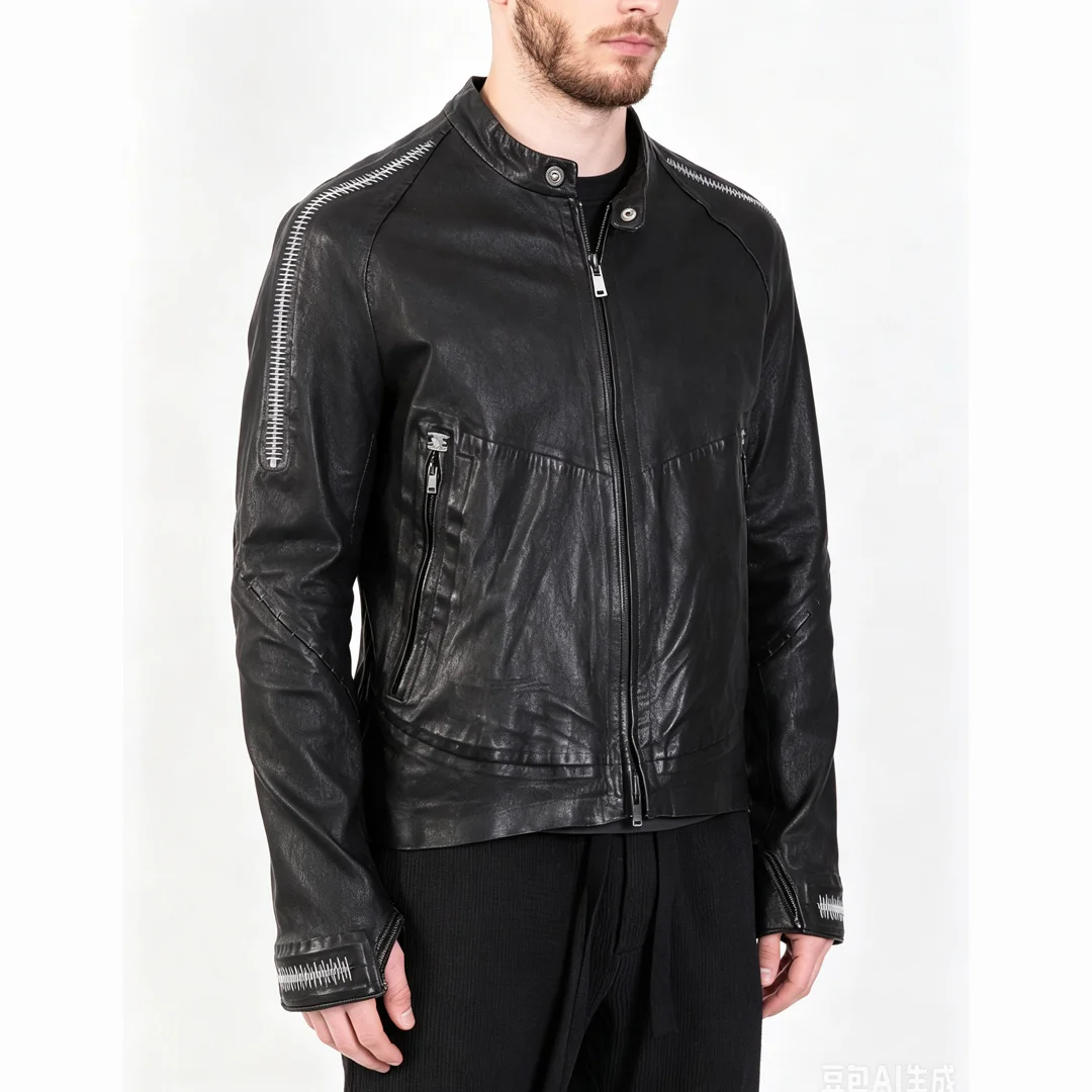 Brugerdefineret vintage street-kort læderjakke til mænd med ståkrave, sort zip-up moto-jakke med justerbare detaljer – fabriks-OEM