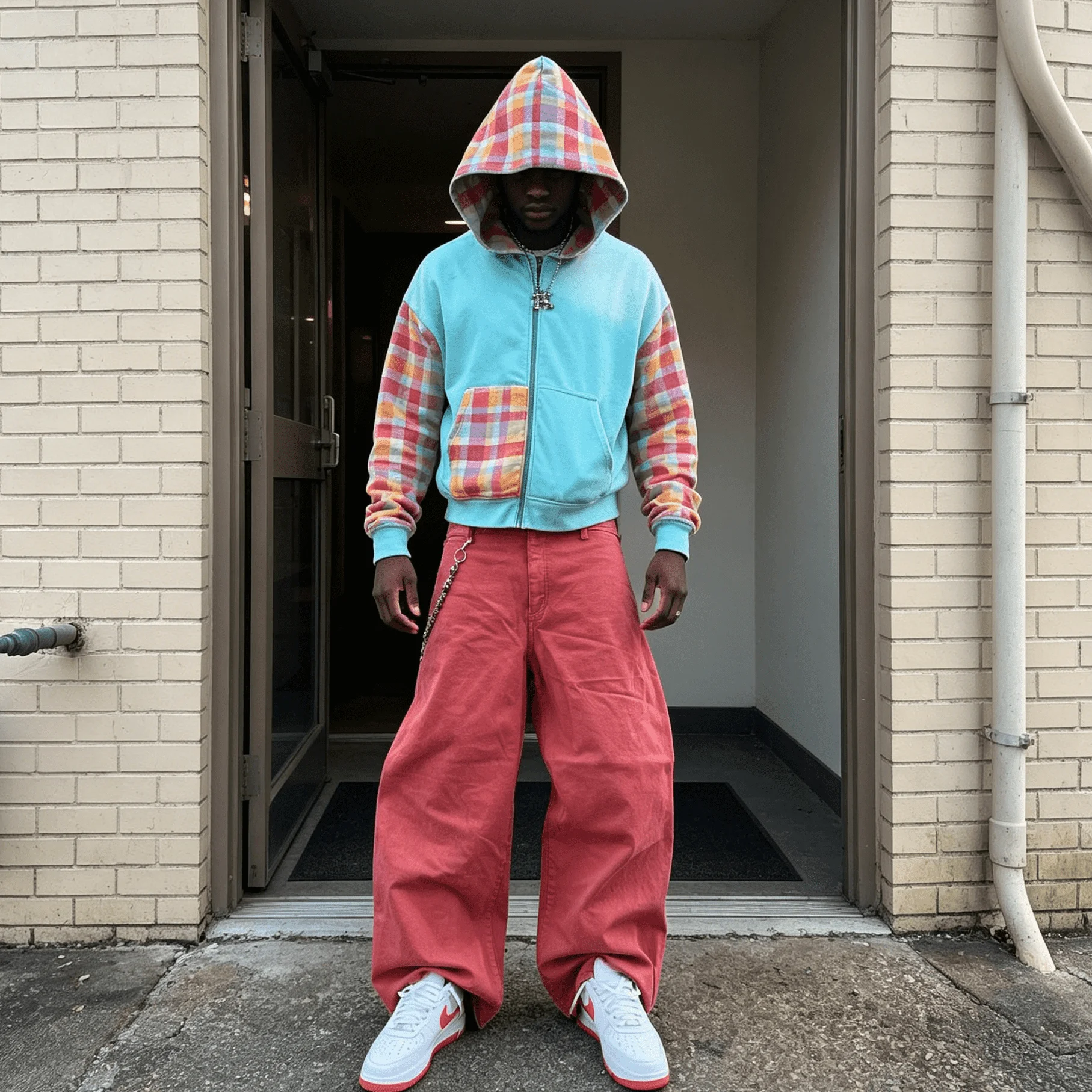 Custom Distressed Plaid Patchwork Zip Up Hoodie Vintage Oversized Faded Blank Sweatshirt Blank Men Streetwear Hoodies gallery 3