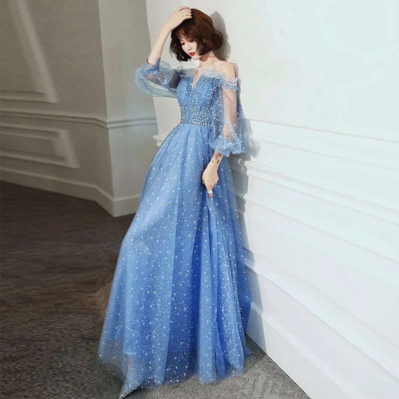 2020 Real Sample Pictures Blue Float Shining Pleating V-Neck Dresses Ladies  Party Evening Dress