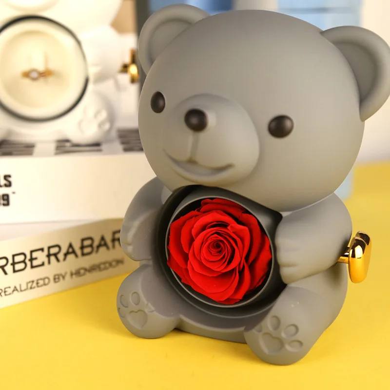 Custom Teddy Bear Gift Rotating Flower Preserved Rose in Acrylic Cute Bear Jewelry Boxes for Necklace Ring