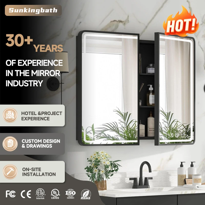 Modern Led Bathroom Storage Medicine Cabinet Touch Sensor Led Mirror Cabinet Anti-Fog Wall Mounted Bathroom Cabinet with Mirror