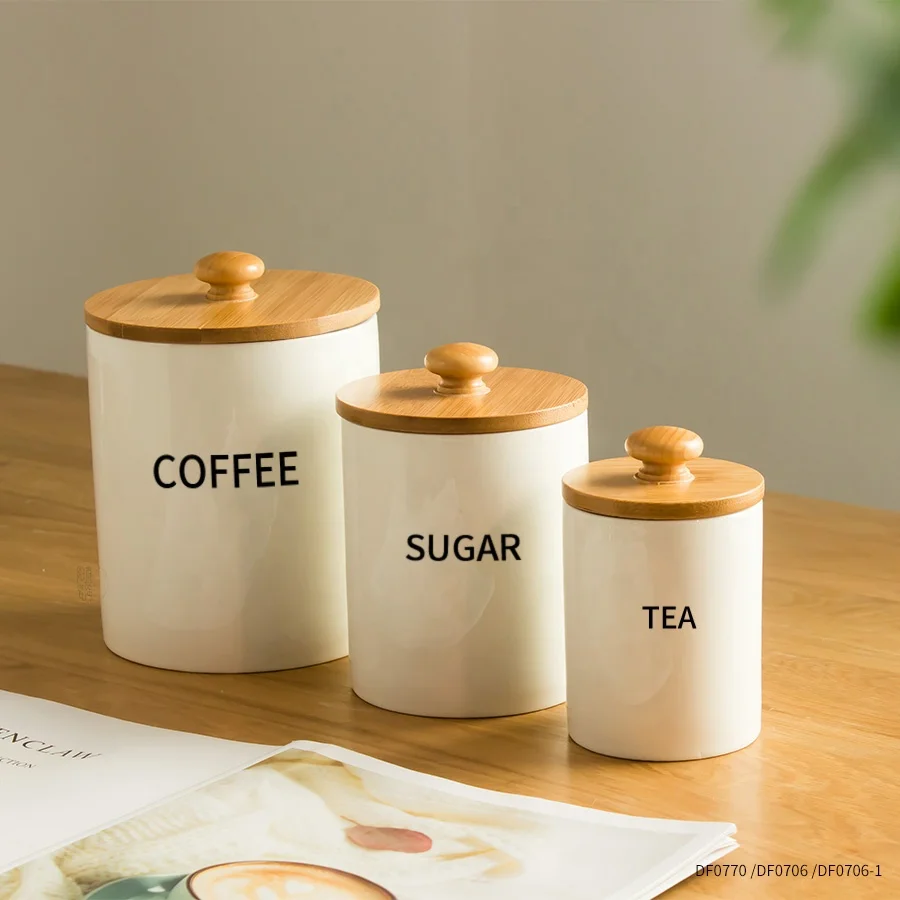 Custom Porcelain Coffee Tea Container Ceramic Food Storage Jar with Airtight Seal Bamboo Lid