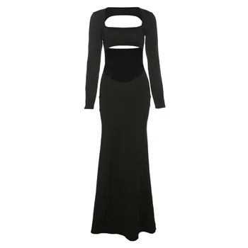 72314 Sexy Black Long Sleeve Halter Cut Out Maxi Dresses Slim Fashion Outfits Long Mermaid Dresses Skinny Clothes Women