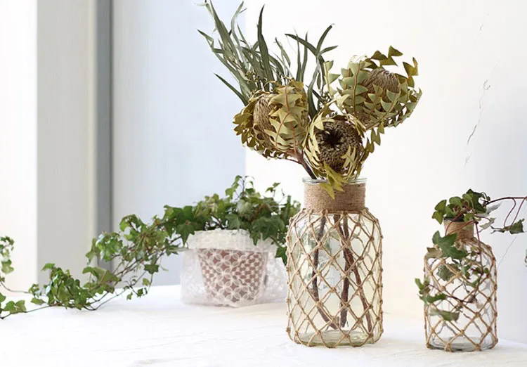 Decorative Flower Vase with Creative Rope Net - Rustic Glass