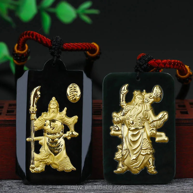 Certified Hetian Moyu Pure Gold Gold Inlaid Jade Guan Gong Pendant