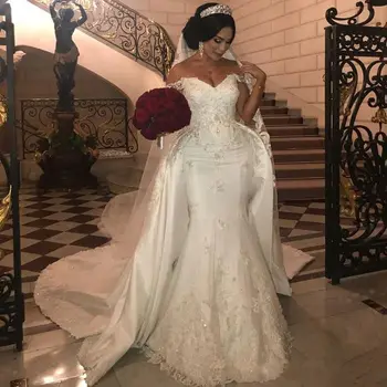Beaded Lace Wedding Dress With Detachable Train Mermaid Bridal Gowns Applique Ivory Satin Wedding Bridal Wear
