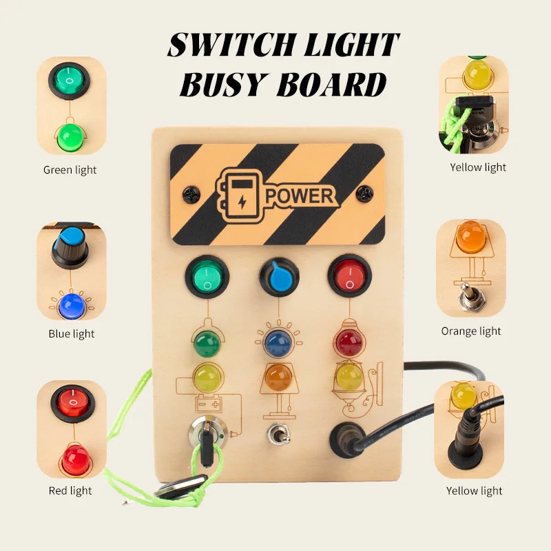 Обучающая доска Монтессори для малышей, сенсорные игрушки, деревянная активная доска с переключателем со светодиодной подсветкой, антистресс доска для детей 2–4 лет