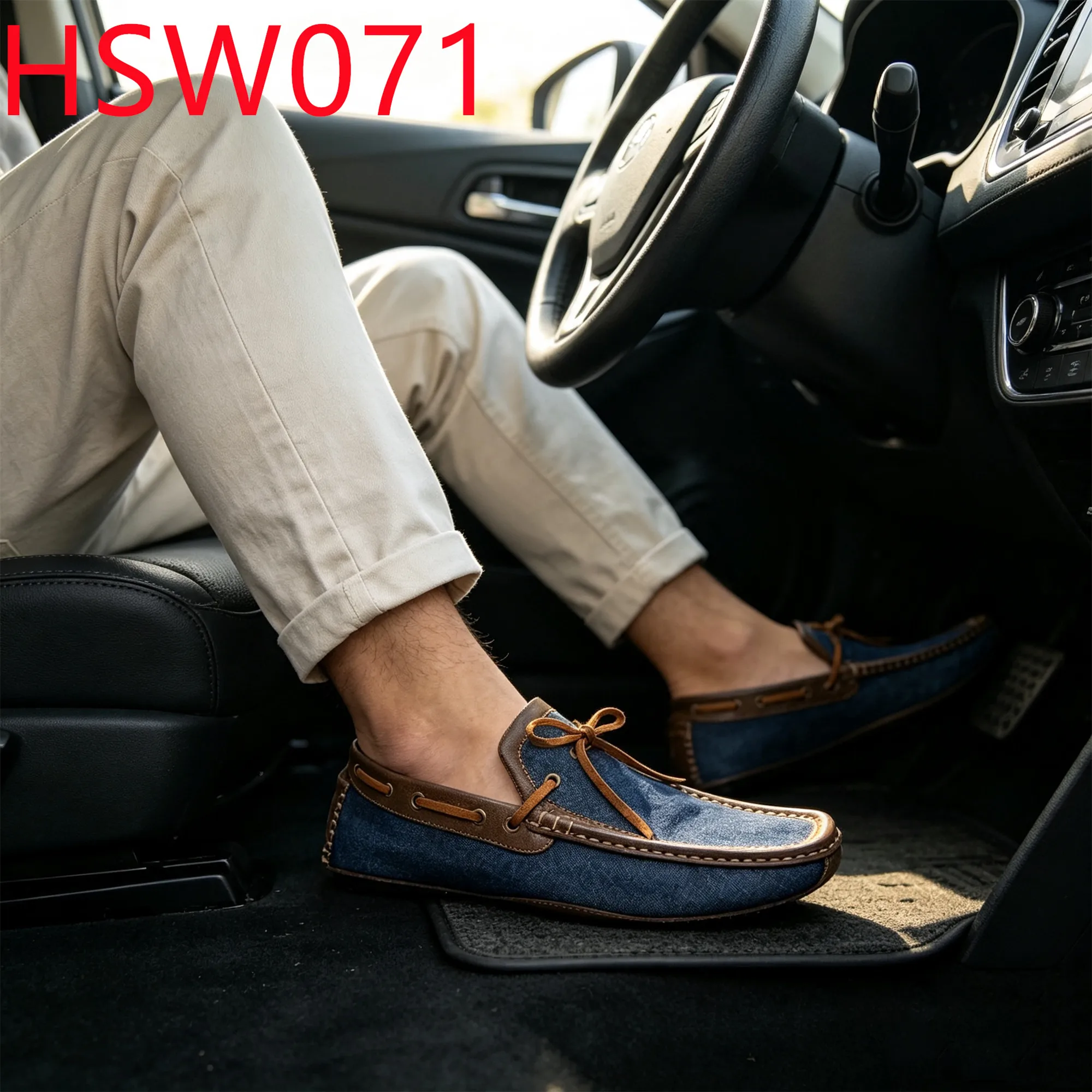 HY,Indoor Casual Denim Fabric Upper Moccasin Style Hua Singh Boat Shoes Square Toe Firm Stitching Handmade Penny Shoes HSW071