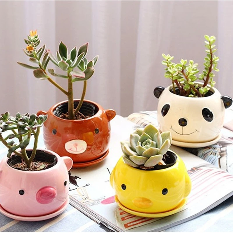 Planti Goodies Cute Round Pot with Animal Adorable Succulent Flower Pot Home Decoration Pot with Drainage Bunny, Style A