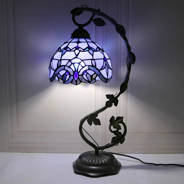 LongHuiJing Tiffany Lamp Stained Glass Table Reading Night Light Wisteria Style W8H20.3Inch Desk Bedside Antique Crafts Gift