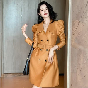 ZYHT 10219 Autumn New Lapel Waist Double-breasted A-line Suit Dress Fashion Solid Woven Belted Blazer Dresses Lady