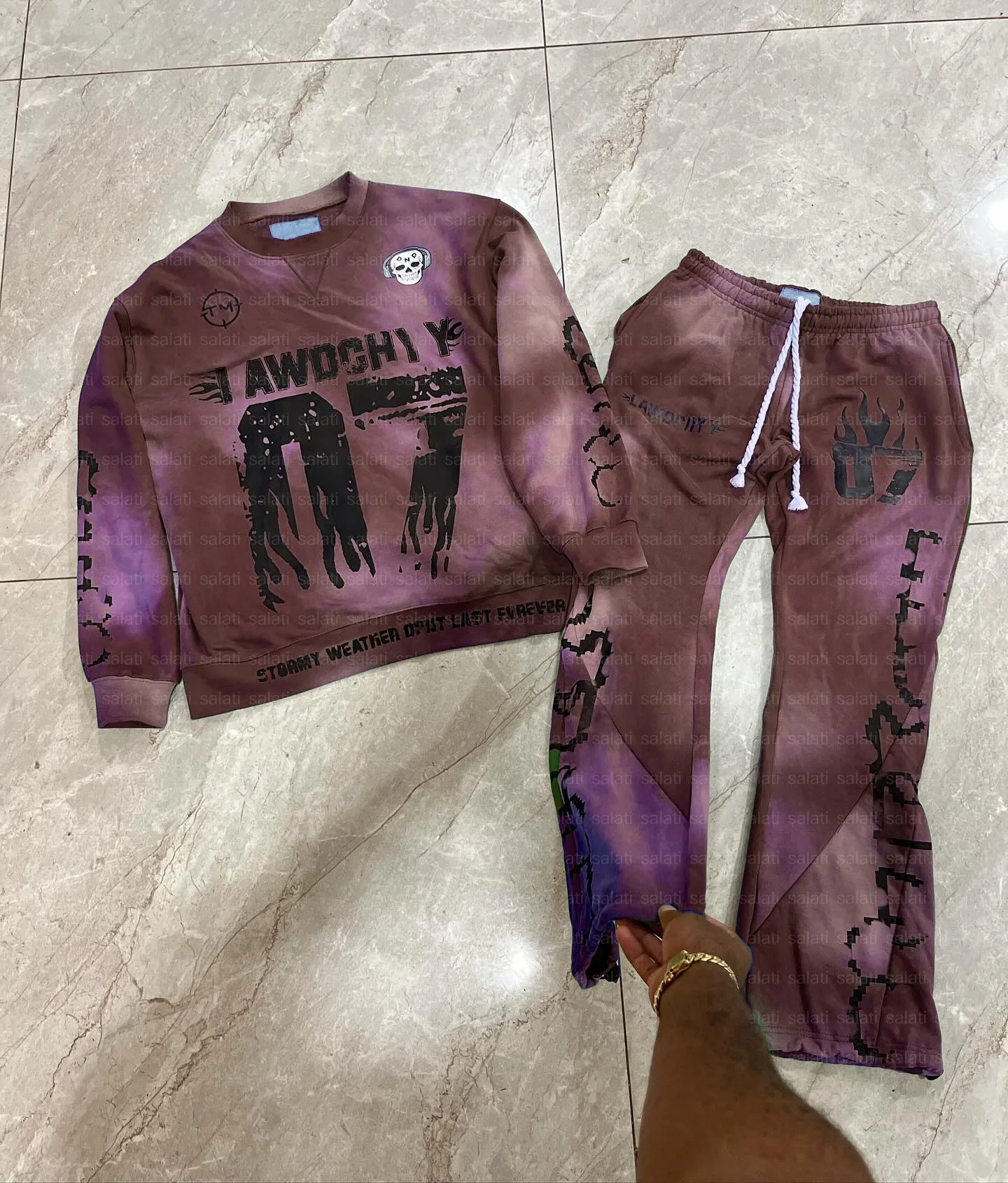 Custom Print Acid Wash Flared Tracksuit Cotton French Terry Sun Faded Sweatsuit Baggy Jogging Suit Sweatshirt and Sweatpants Set gallery 2