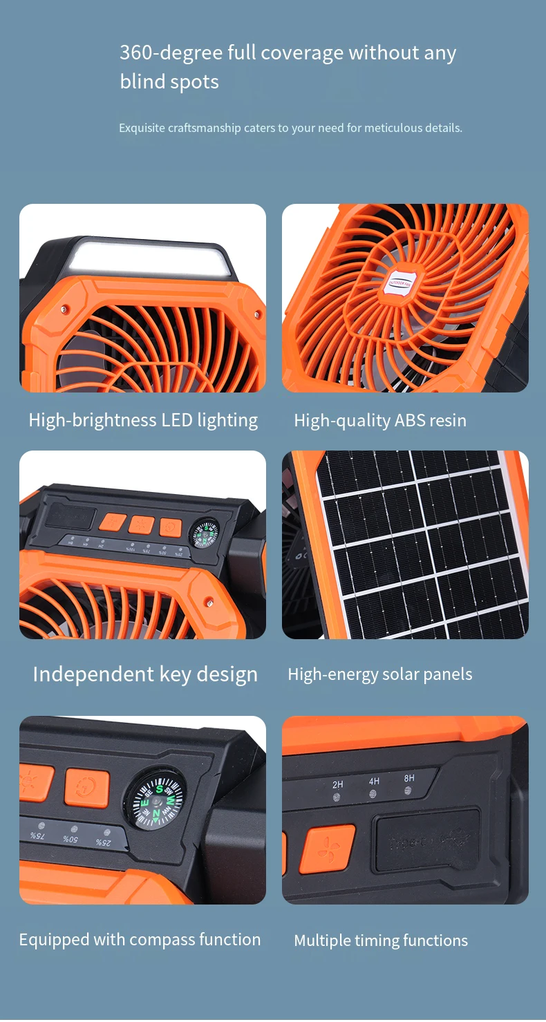 7800mAh Solar Portable Fan with Brushless Motor,USB-C Charging,4-Speed & LED Light/CE/FCC/ROHS Certified for Outdoor Camping
