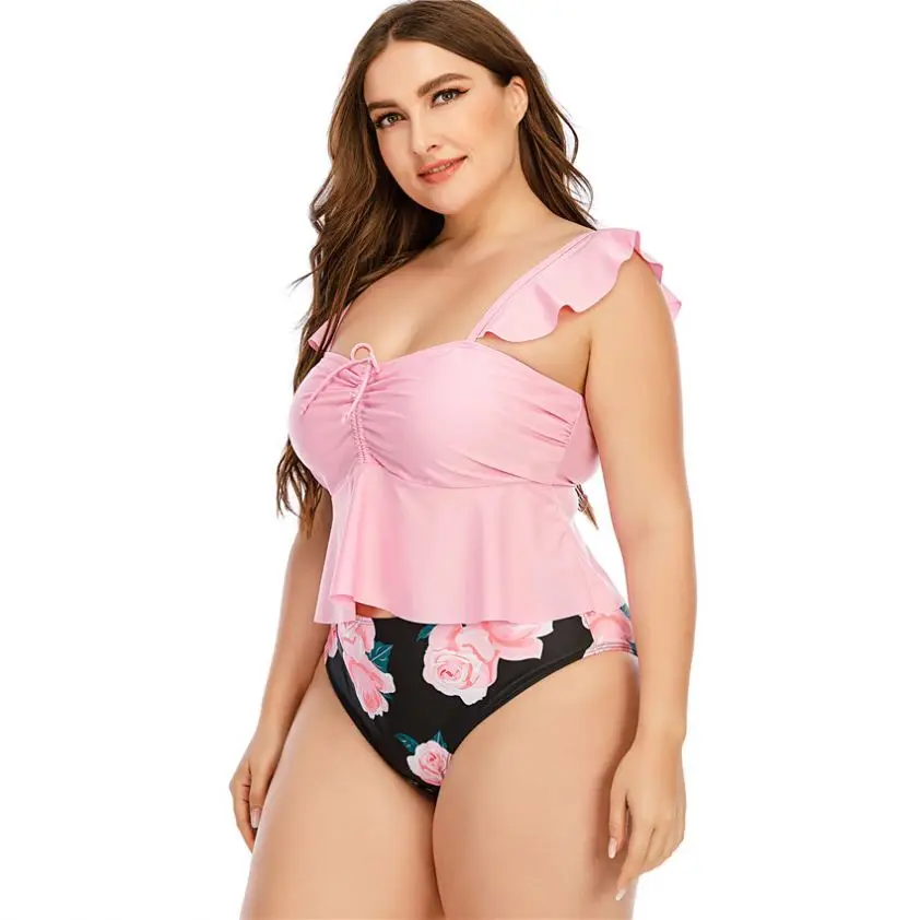 Pink Queen Damen Übergröße 2-Teiliges Tankini Bauchweg Rüschen Geraffte Crop Top Badeanzüge Bikini Set Armeegrün XL