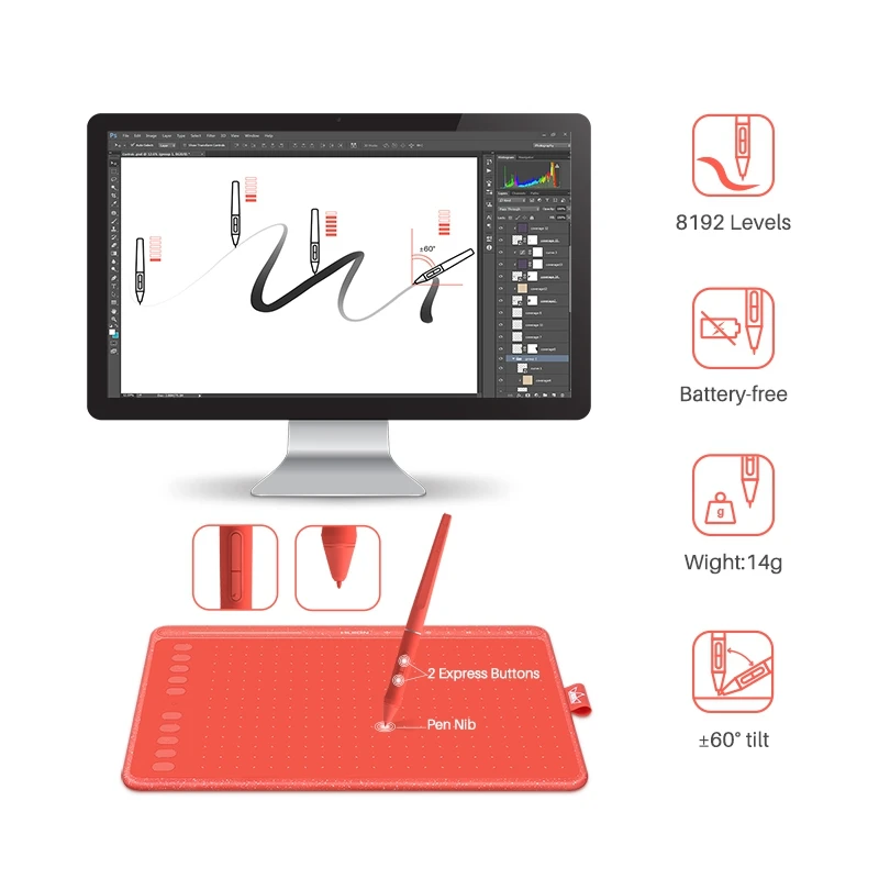 Huion HS611 Graphic Tablet - 8 Multimedia Keys & Battery Free Pen