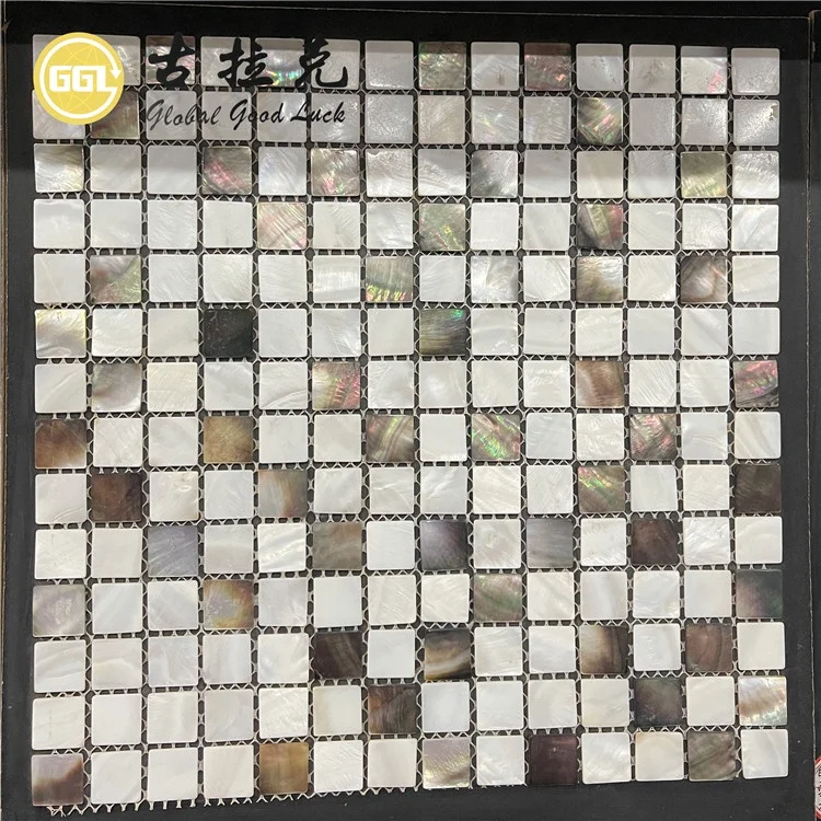 White Brown Square Shell Mosaic Sea Freshwater Mother of Pearl Tile Iridescent Art Mosaic details