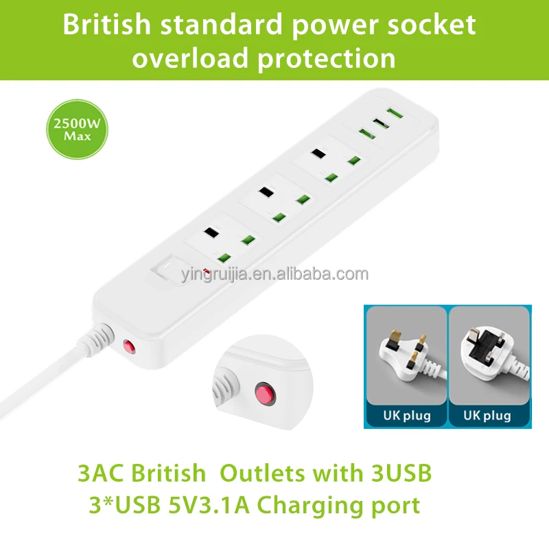 Over Load Socket Universal Power Socket with Overload Protection, 3AC Outlets with USB ...