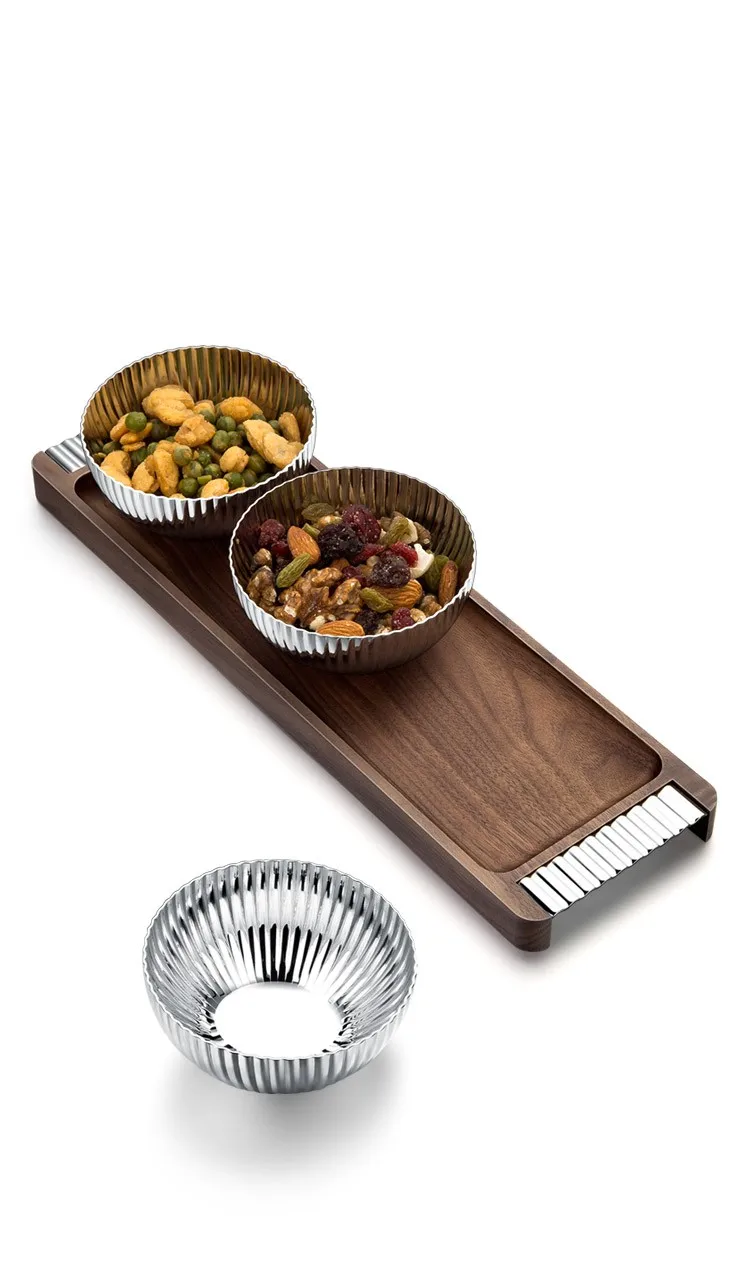 3 Pcs10cm Multipurpose Home Hotel Stainless Steel 304 Wooden Tray Dry Fruit Nut Serving Decorative Bowl Gift Set for Home Decor